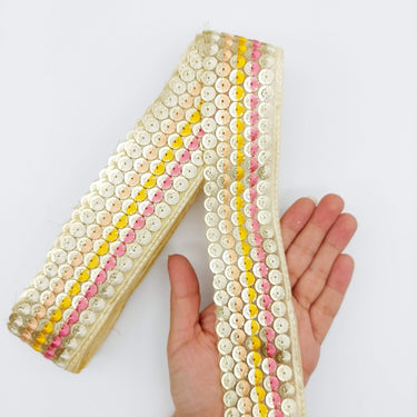 Multicoloured Embroidered Trim Sequins Trim Decorative Lace Sari Border Costume Ribbon Crafting Sewing Tape, Trim by Yard